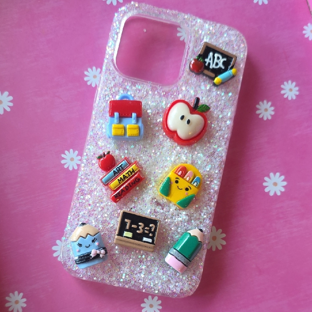 Iphone 14 Pro Max Case Glittery Pink Phone Case with Cute School Icons